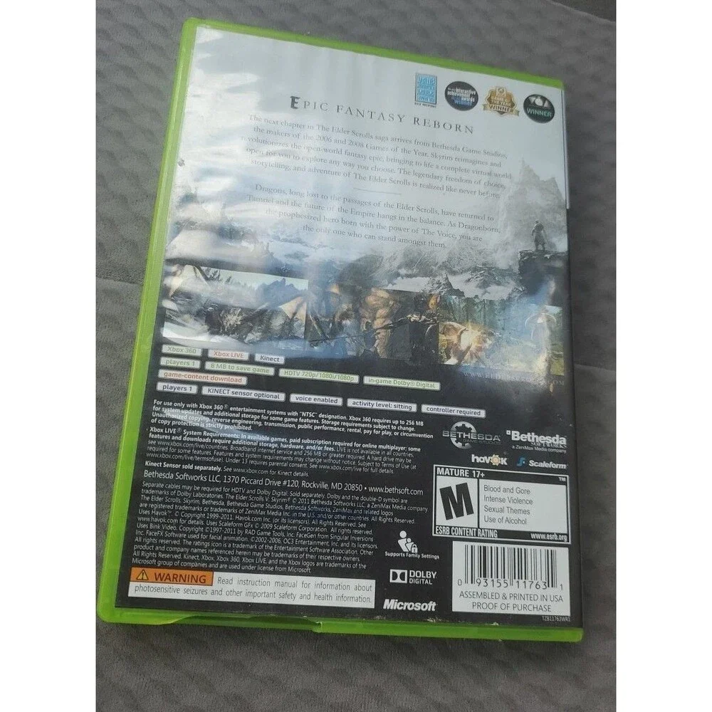 Skyrim- The Elder Scrolls V, Xbox 360, EUC, Compatible with Kinect Sensor.